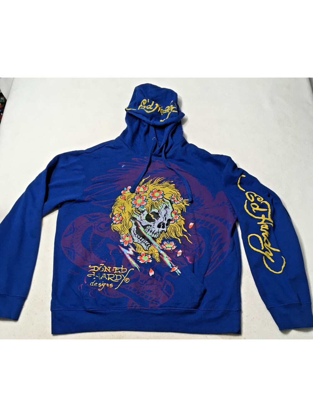 Ed Hardy Hoodie Men’s large Heather blue Yellow Hair Skull  Pullover  Sweatshirt